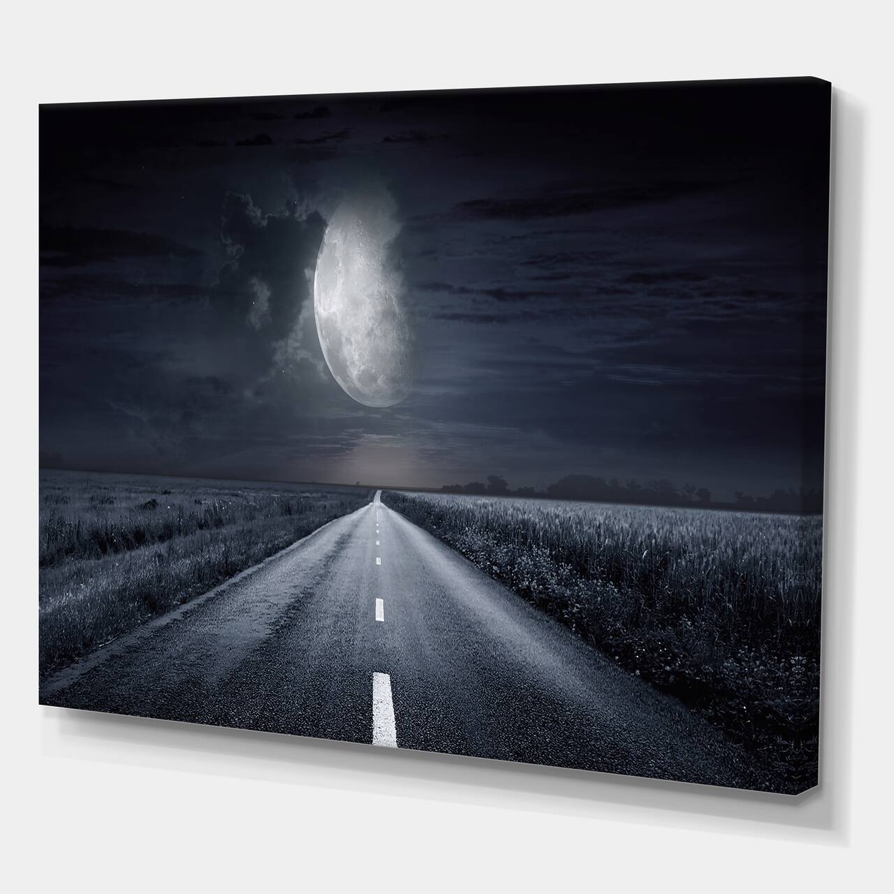 Designart - Asphalt Road Under Cloudy Full Moon III - Nautical & Coastal Canvas Wall Art Print